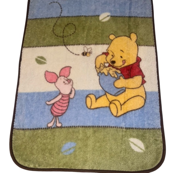 Vintage Disney Winnie the Pooh Piglet Honey Striped Blanket Baby Fleece 90s - Picture 2 of 6